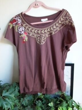 Sundance Brown Scoop Neck Embroidered Short Sleeve Top